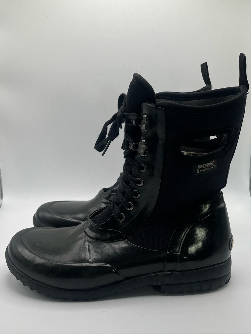 Bogs Women’s Sidney Lace-Up Waterproof Boots Solid Black Rubber & Neoprene 8